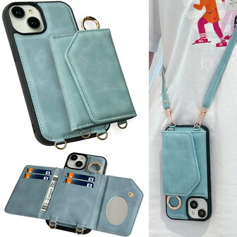 iPhone 16 Plus - Aqua Blue - 2 in 1 MagSafe Wallet Case met Koord