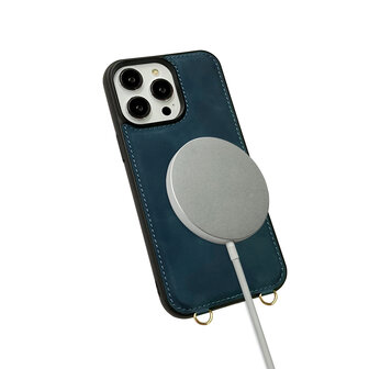 iPhone 16 Pro Max - Navy Blue - 2 in 1 MagSafe Wallet Case met Koord