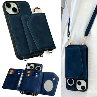 iPhone 16 Plus - Navy Blue - 2 in 1 MagSafe Wallet Case met Koord