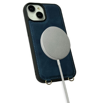 iPhone 16 Plus - Navy Blue - 2 in 1 MagSafe Wallet Case met Koord