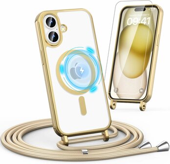 iPhone 16 Plus - MagSafe TPU met Koord &amp;amp; Glas - Goud