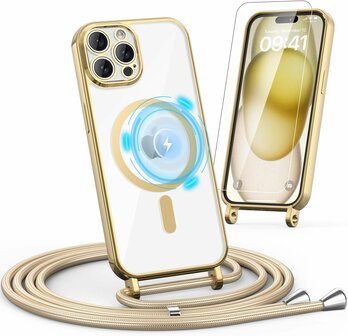iPhone 16 Pro Max - MagSafe TPU met Koord &amp;amp; Glas - Goud