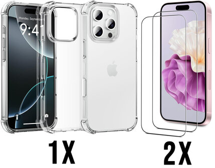 iPhone 16 Pro Max - Anti Shock &amp;amp; 2X Glas - Transparant