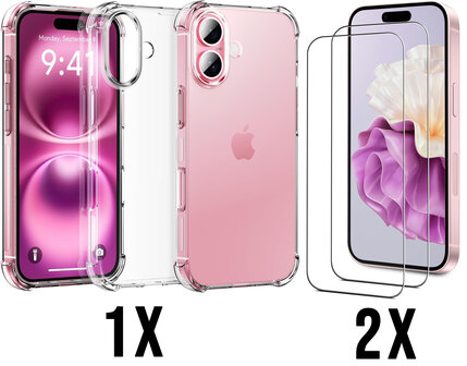 iPhone 16 - Anti Shock &amp;amp; 2X Glas - Transparant