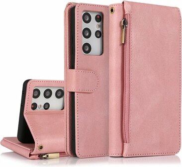 Samsung S22 Ultra Roze - Book Case met Rits &amp;amp; Extra Vakken