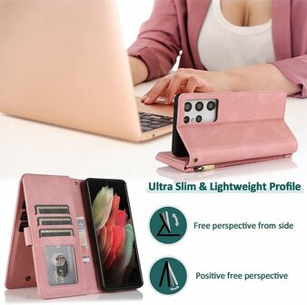 Samsung S22 Ultra Roze - Book Case met Rits &amp;amp; Extra Vakken