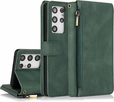 Samsung S22 Ultra Groen - Book Case met Rits &amp;amp; Extra Vakken
