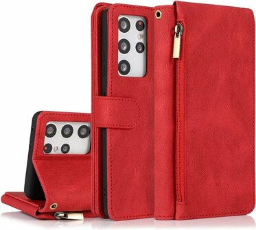 Samsung S22 Ultra Rood - Book Case met Rits &amp;amp; Extra Vakken