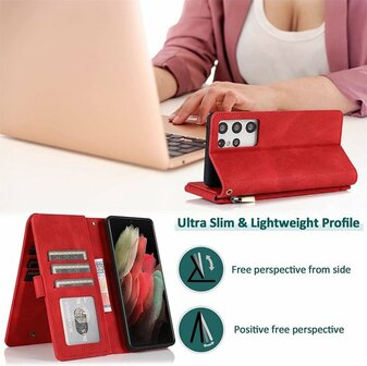 Samsung S22 Ultra Rood - Book Case met Rits &amp;amp; Extra Vakken