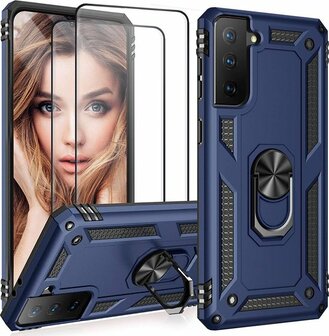 Samsung S22 Blauw &amp;amp; 2X Glas - Armor met Kickstand Ring