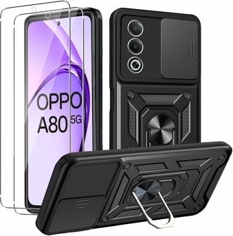 Oppo A80 - Armor Kickstand &amp;amp; Camera Bescherming  - Zwart &amp;amp; 2x Glas