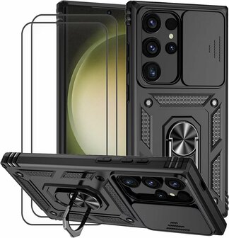 Samsung S25 Ultra - Zwart - Kickstand Ring met Camera Bescherming &amp;amp; 2x Glas