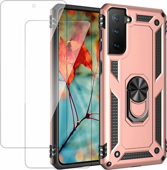 Samsung S22 Ros&eacute;goud &amp;amp; 2X Glas - Armor met Kickstand Ring