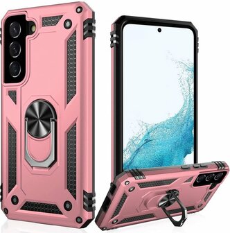 Samsung S22 Ros&eacute;goud &amp;amp; 2X Glas - Armor met Kickstand Ring