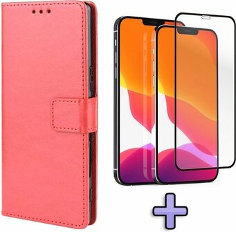 iPhone 12 Mini - Book Case &amp;amp; Full Glas - Rood