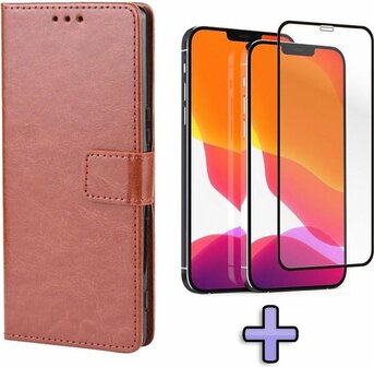 iPhone 12 Pro Max - Book Case &amp;amp; Full Glas - Bruin