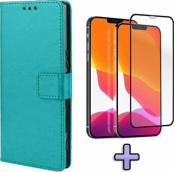 iPhone 12 Mini - Book Case &amp;amp; Full Glas - Turquoise