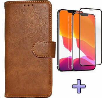 iPhone 12 Pro Max - HQ Book Case &amp;amp; Full Glas - Bruin