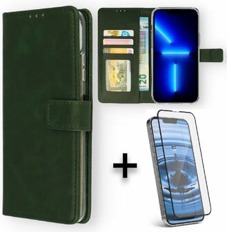 iPhone 13 Mini - Book Case &amp;amp; Full Glas - Groen