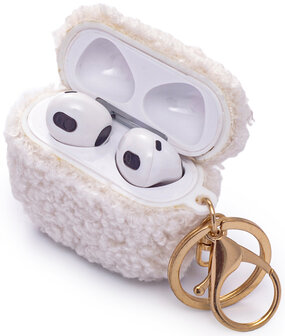 AirPods 3 - Wit - Schokbestendig Teddy Furr Cover met Ring &amp;amp; Sleutelhanger