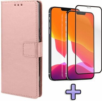 iPhone 12 Pro Max - Book Case &amp;amp; Full Glas - Rosegoud