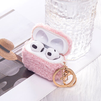 AirPods 3 - Roze - Schokbestendig Teddy Furr Cover met Ring &amp;amp; Sleutelhanger