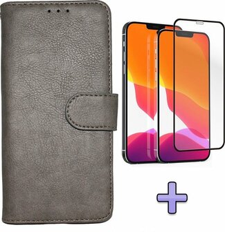 iPhone 12 Pro Max - HQ Book Case &amp;amp; Full Glas - Grijs