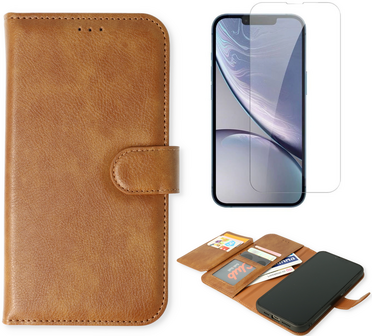 iPhone 16e - Bruin - 2 in 1 HQ Book Case met Extra Vakken &amp;amp; Glas