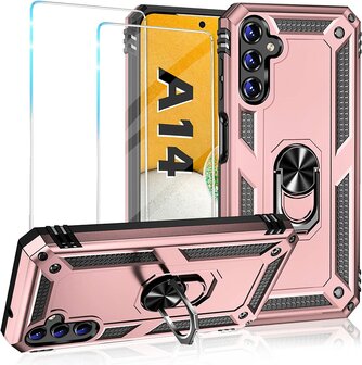 Samsung A14 Ros&eacute;goud &amp;amp; 2X Glas - Armor met Kickstand Ring