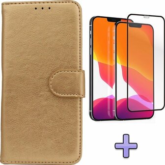 iPhone 12 Pro Max - HQ Book Case &amp;amp; Full Glas - Goud
