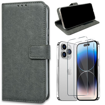 iPhone 15 Plus - Book Case &amp;amp; 2x Glas - Grijs