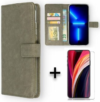 iPhone 13 Mini - Book Case &amp;amp; Glas - Grijs