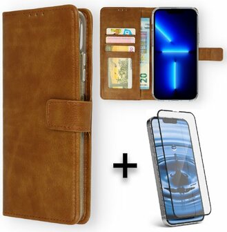 iPhone 13 Pro Max - Book Case &amp;amp; Full Glas - Bruin