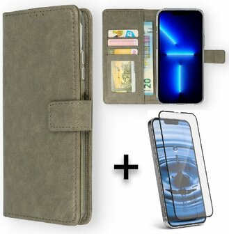 iPhone 13 Mini - Book Case &amp;amp; Full Glas - Grijs