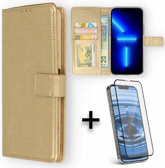 iPhone 13 Pro - Book Case &amp;amp; Full Glas - Goud