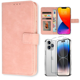 iPhone 15 Plus - Book Case &amp;amp; 2x Glas - Baby Roze