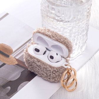 AirPods 3 - Grijs - Schokbestendig Teddy Furr Cover met Ring &amp;amp; Sleutelhanger