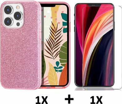 iPhone 13 Pro Max - Glitter Back Cover &amp;amp; Glas - Roze