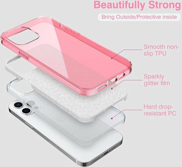 iPhone 13 Pro Max - Glitter Back Cover &amp;amp; Glas - Roze