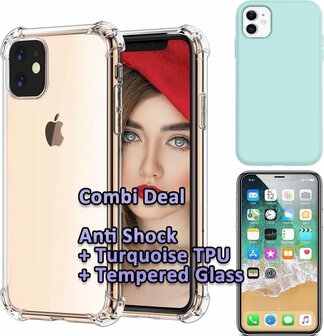 iPhone 11 - Combi Deal - Anti Shock Transparant - Back Cover Turquoise &amp;amp; Glas