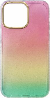 iPhone 14 Pro - Regenboog Glitter Back Cover - Roze &amp;amp; Geel