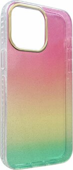 iPhone 14 Pro - Regenboog Glitter Back Cover - Roze &amp;amp; Geel