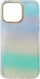 iPhone 14 Pro - Regenboog Glitter Back Cover - Blauw