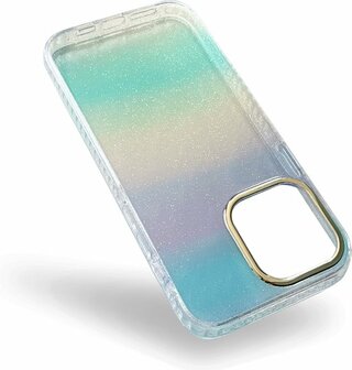 iPhone 14 Pro - Regenboog Glitter Back Cover - Blauw