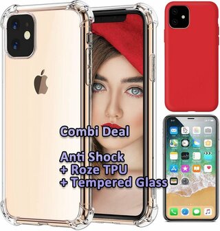 iPhone 11 - Combi Deal - Anti Shock Transparant - Back Cover Rood &amp;amp; Glas