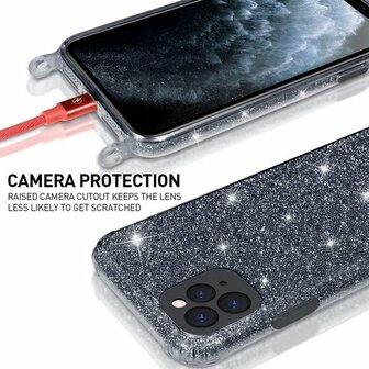 iPhone 12 Pro Max Zwart - Glitter Back Cover met Koord