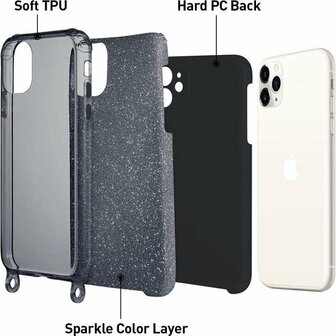 iPhone 12 Pro Max Zwart - Glitter Back Cover met Koord