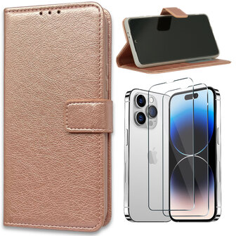 iPhone 15 Plus - Book Case &amp;amp; 2x Glas - Rosegoud