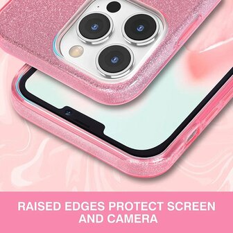 iPhone 14 Pro Max - Glitter Back Cover &amp;amp; Glas - Roze