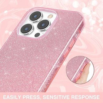 iPhone 14 Pro Max - Glitter Back Cover &amp;amp; Glas - Roze